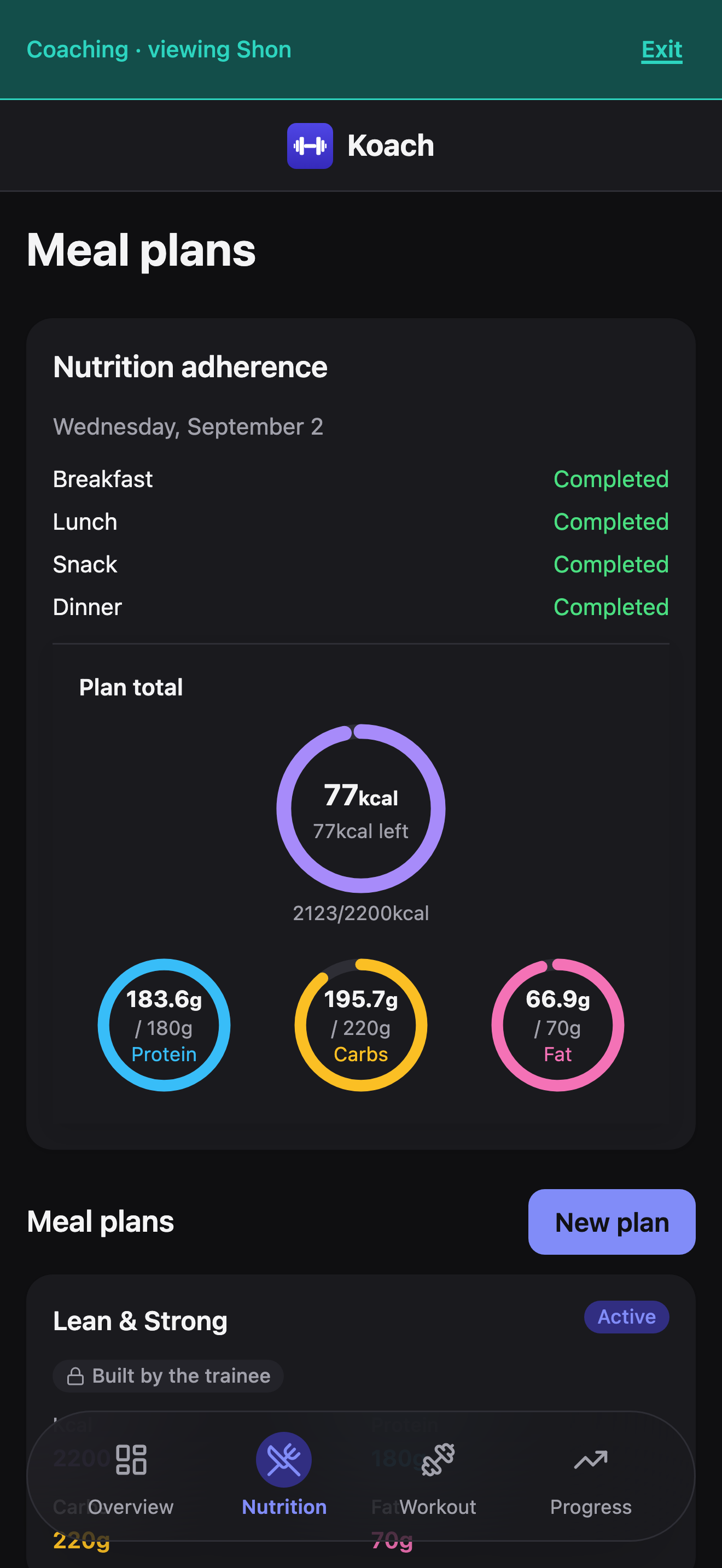 A client's Nutrition tab seen from coach context, with the 'Coaching · viewing Shon' banner, the day's nutrition adherence with all four meals marked Completed and plan-total macro rings, and their meal plans list including the active 'Lean & Strong' plan badged Built by the trainee.