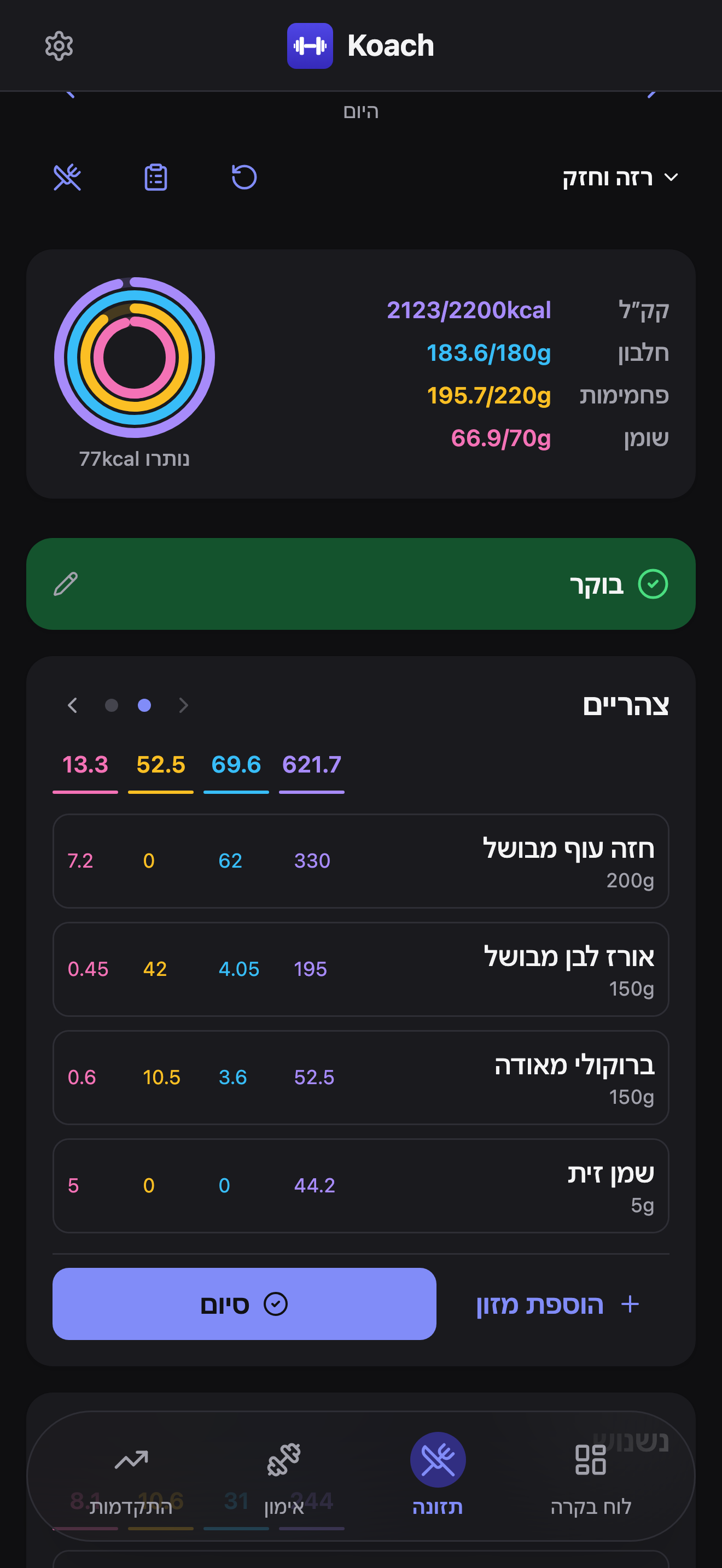 תצוגת היום גלולה לכרטיס ארוחת הצהריים, דפדפן הנקודות שלה על האפשרות הראשונה, מציגה חזה עוף, אורז לבן, ברוקולי ושמן זית עם כפתורי הוספת מזון וסיום מתחת.
