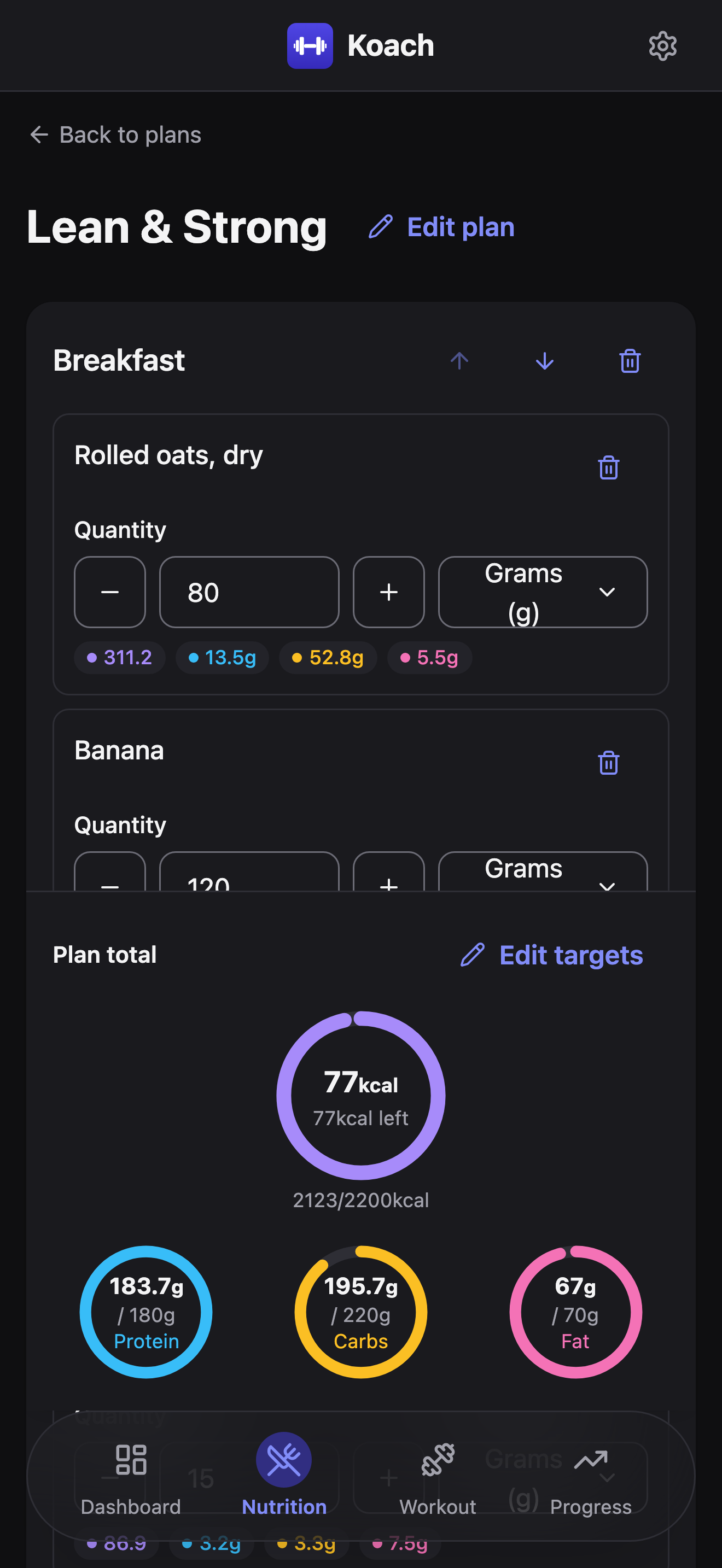 The plan editor for Lean & Strong, showing the Breakfast meal with Rolled oats and Banana and their quantities, plus the sticky Plan total panel below it.