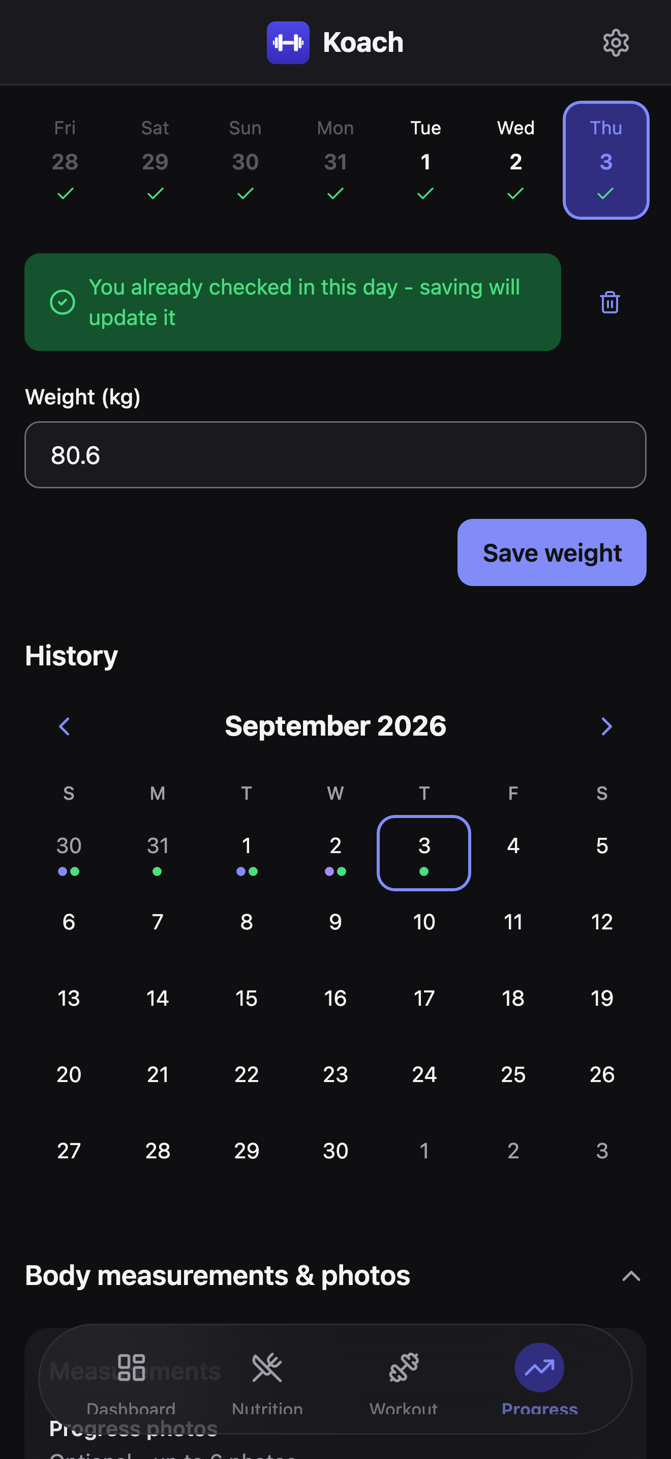 The Progress tab's History section: a full month calendar for September 2026 with colored dots on recent days marking logged nutrition, workouts, and check-ins, the selected day (3) highlighted, above the collapsed Body measurements & photos section.