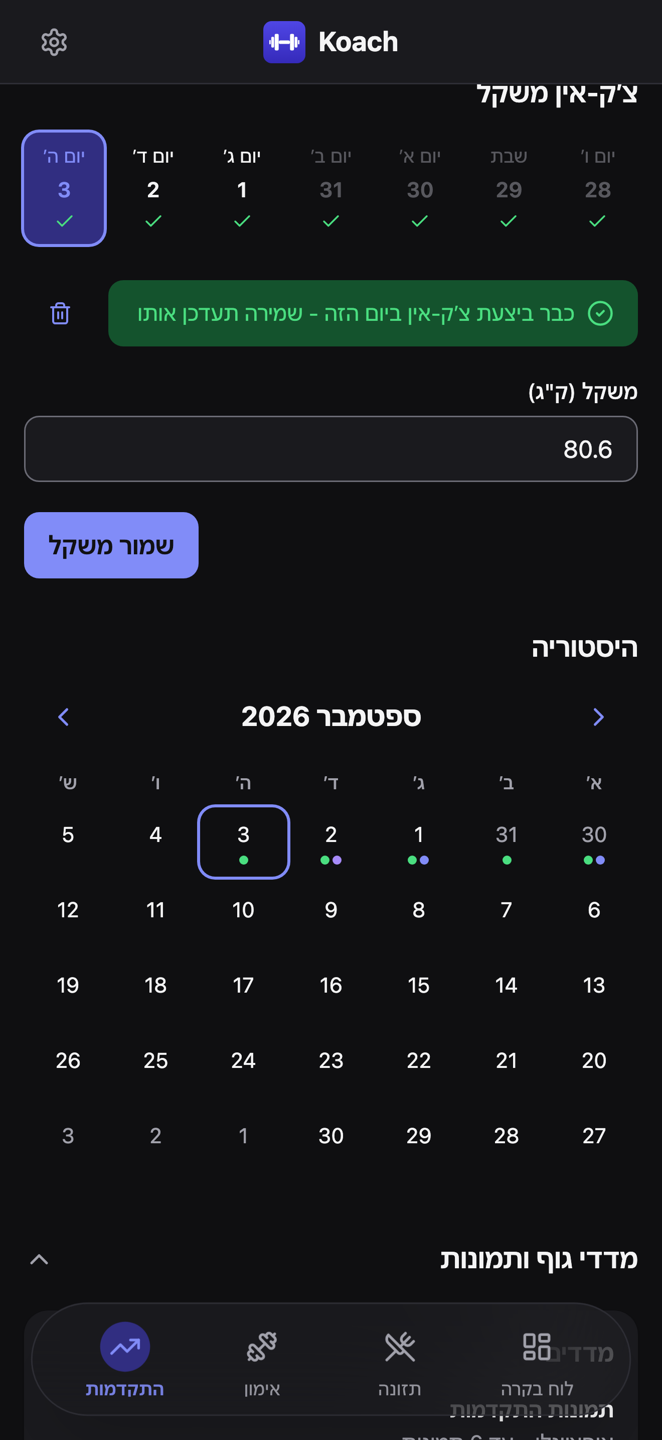 מדור ההיסטוריה בלשונית ההתקדמות: לוח שנה חודשי מלא לספטמבר 2026 עם נקודות צבעוניות על ימים אחרונים המסמנות תזונה, אימונים וצ'ק-אינים שנרשמו, היום הנבחר (3) מודגש, מעל מדור מדדי גוף ותמונות המכווץ.