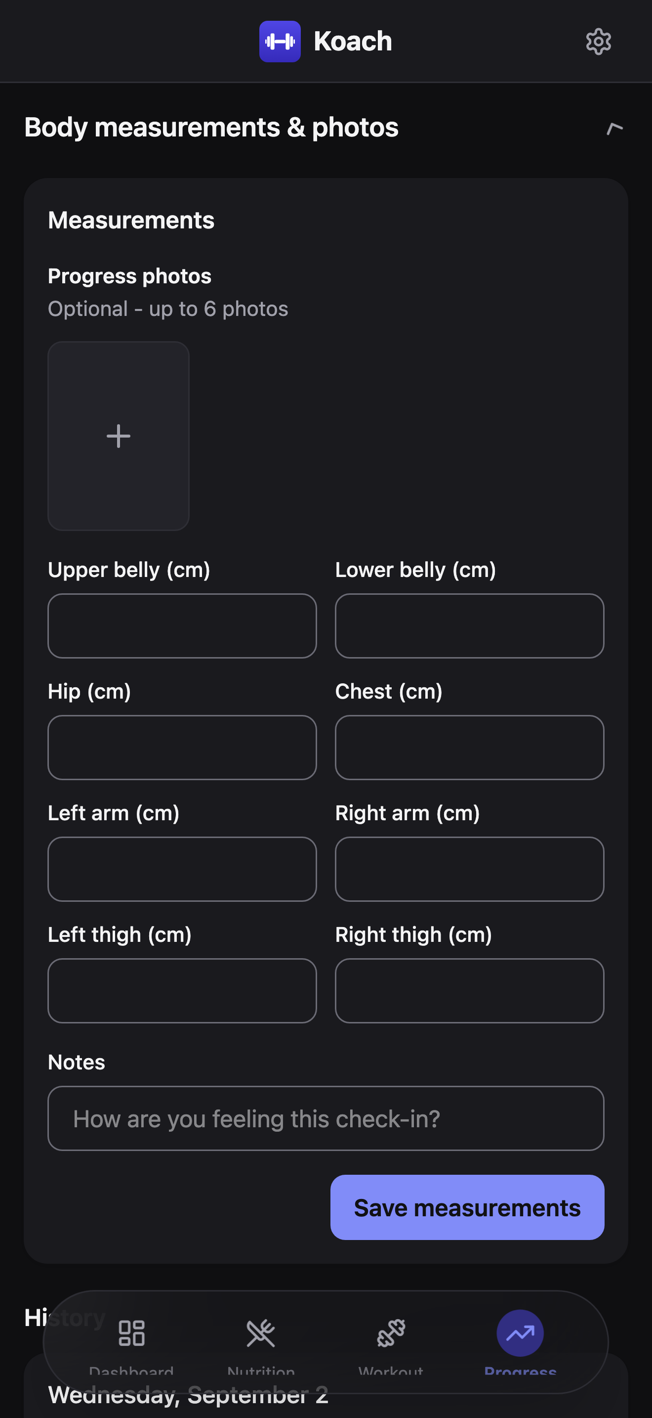The Progress tab scrolled to the expanded Body measurements & photos section: a Measurements card with Progress photos reading 'Optional - up to 6 photos' above a single empty add-photo tile with a plus icon, followed by the cm measurement fields and a Save measurements button.