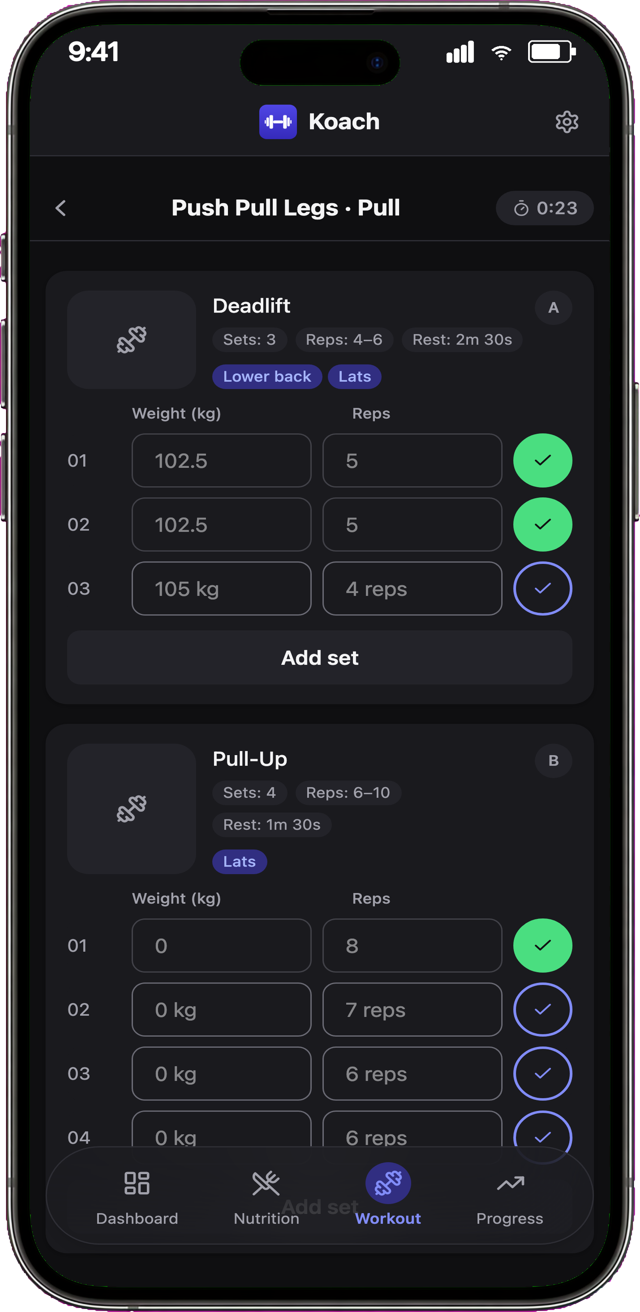 Workout session screen with rest timer
